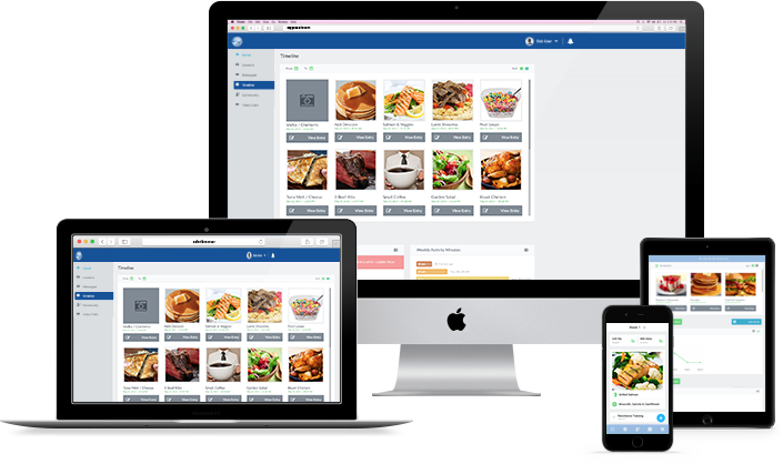 Phone and laptop showing a weight-loss coaching dashboard